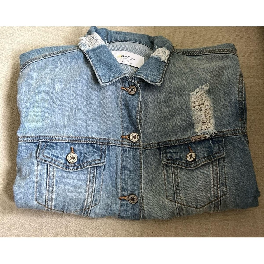 KanCan Womens Denim Jacket M Light Blue Distressed Striped Streetwear - Picture 4 of 10